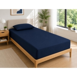 Drap Housse 90x190 cm 1 Place 100% Coton 57 Fils/cm&sup2; Bonnet 30 cm Bleu nuit