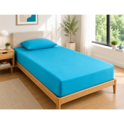 Drap Housse 90x190 cm 1 Place 100% Coton 57 Fils/cm&sup2; Bonnet 30 cm Cyan