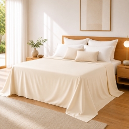 Drap Plat 240 x 300 cm Cr&egrave;me Satin de Coton Peign&eacute; 120 Fils/cm&sup2; - Qualit&eacute; H&ocirc;teli&egrave;re Premium