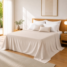 Drap Plat 240 x 300 cm Sable Satin de Coton Peign&eacute; 120 Fils/cm&sup2; - Qualit&eacute; H&ocirc;teli&egrave;re Premium