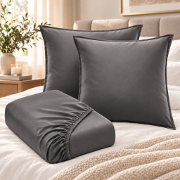 Ensemble de lit drap housse 140 x 190 cm Satin de bambou 120 fils SALOM&Eacute; Granit 2 taies 60 x 60 cm