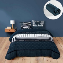 Ensemble de Lit States : Housse de Couette 240 x 220 cm avec Drap-Housse Bleu 140x190 cm - Esprit USA