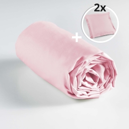 Ensemble drap housse 180 x 200 cm + 2 taies d'oreiller 63 x 63 100% coton  Rose clair