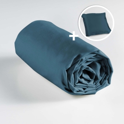 Ensemble drap housse 90 x 190 + 1 taie d'oreiller 63 x 63 100% coton Bleu nuit