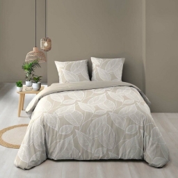 Housse de couette 240 x 220 cm coton 57 fils imprim&eacute; feuillage AMANDA Naturel + 2 taies