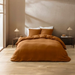 Housse de couette 240 x 220 cm - Coton relief uni CLARA - Texture structur&eacute;e - 2 taies 63 x 63 cm - Caramel