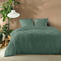 Housse de couette 240 x 220 cm microfibre unie tuft&eacute;e HELTIE + 2 taies C&egrave;dre
