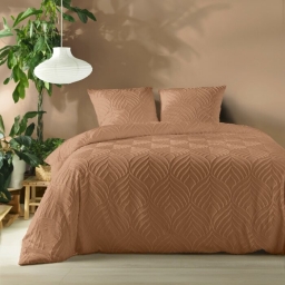 Housse de couette 240 x 220 cm microfibre unie tuft&eacute;e HELTIE + 2 taies Mocha