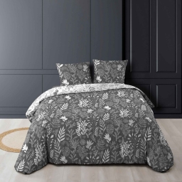 Housse de couette réversible 260 x 240 cm 100% coton + 2 taies Suzanne Anthracite