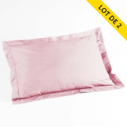 Lot 2 taies d'oreiller volant plat 50x70 100% coton 57 fils finition point bourdon Rose clair
