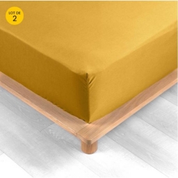 Lot de 2 Drap housse percale de coton 78fils ultra doux 160 x 200 cm Curry