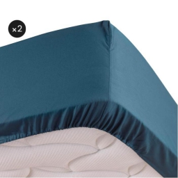 Lot de 2 Draps housse bleu 160 x 200 cm en percale bonnet de 30 cm