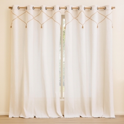 Lot de 2 Rideaux &agrave; &OElig;illets Lacia - 140 x 240 cm - Polycoton Uni avec D&eacute;tails en Jute et Pompons