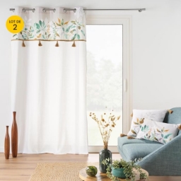 Lot de 2 Rideaux tamisant a œillets 140 x 240 cm poly coton + Pompons Dilaris