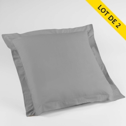 Lot de 2 taies d'oreiller volant plat 63x63 100% coton 57 fils Finition point bourdon Couleur Galet