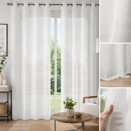Lot de 2 Voilages &agrave; &OElig;illets 140 x 240 cm Effet Lin Tiss&eacute; HALTONA Blanc