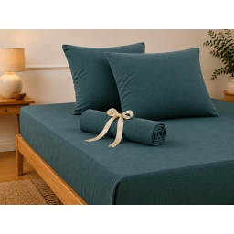 Pack Drap Housse 140 x 190 cm + 2 Taies d&rsquo;Oreiller 60 x 60 cm Double Gaze de Coton GA&Iuml;A Bleu canard