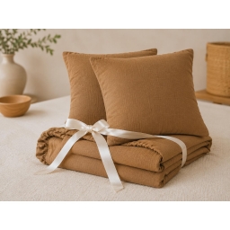 Pack Drap Housse 140 x 190 cm + 2 Taies d&rsquo;Oreiller 60 x 60 cm Double Gaze de Coton GA&Iuml;A Camel