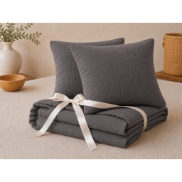 Pack Drap Housse 140 x 190 cm + 2 Taies d&rsquo;Oreiller 60 x 60 cm Double Gaze de Coton GA&Iuml;A Granit