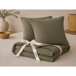 Pack Drap Housse 140 x 190 cm + 2 Taies d&rsquo;Oreiller 60 x 60 cm Double Gaze de Coton GA&Iuml;A Romarin