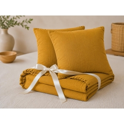 Pack Drap Housse 140 x 190 cm + 2 Taies d&rsquo;Oreiller 60 x 60 cm Double Gaze de Coton GA&Iuml;A Safran