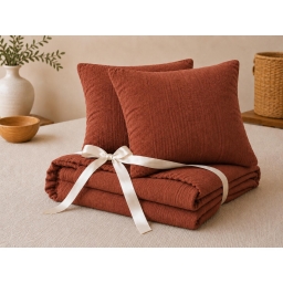 Pack Drap Housse 140 x 190 cm + 2 Taies d&rsquo;Oreiller 60 x 60 cm Double Gaze de Coton GA&Iuml;A Terracotta