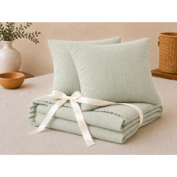 Pack Drap Housse 140 x 190 cm + 2 Taies d&rsquo;Oreiller 60 x 60 cm Double Gaze de Coton GA&Iuml;A Vert d'eau