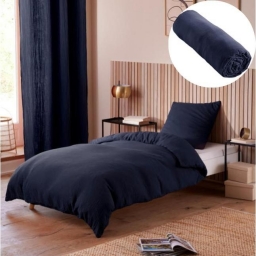 Pack Housse de couette 140 x 200 cm Gaze de coton + drap housse 90x190 Bleu