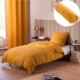 Pack Housse de couette 140 x 200 cm Gaze de coton + drap housse 90x190 Jaune