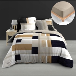 Pack Housse de Couette 260 x 240 cm en Percale +Drap Housse Beige 160x200 Ulysse