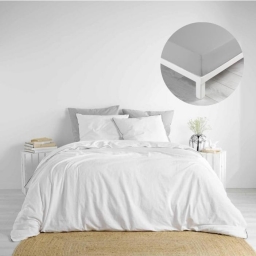 Pack parure 240 x 220 cm coton lav&eacute; 57 fils + DH 140x190 cm Linette Blanc/Gris