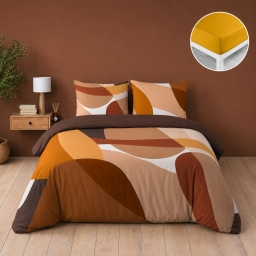 Parure de lit 240 x 220 cm 100% coton 42 fils BOOGIE + drap housse 140 x 190 cm Curry