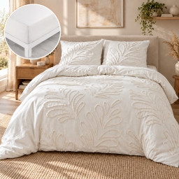 Parure de lit 240 x 220 cm 100% coton tuft&eacute; ANOUK + drap housse 140 x 190 cm Blanc