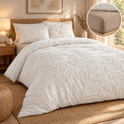 Parure de lit 240 x 220 cm 100% coton tuft&eacute; ANOUK + drap housse 140 x 190 cm Sable