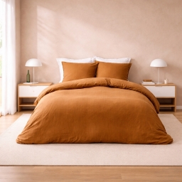 Parure de lit 240 x 220 cm - Coton relief uni Clarabel - Texture structur&eacute;e - 2 taies 63 x 63 cm - Caramel