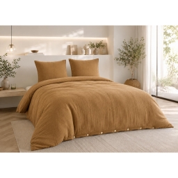 Parure de lit 240 x 220 cm Double gaze de coton GA&Iuml;A Camel + 2 taies 60x60 cm
