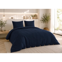 Parure de lit 240 x 220 cm Double gaze de coton GA&Iuml;A Marine + 2 taies 60x60 cm