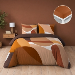 Parure de lit 260 x 240 cm 100% coton 42 fils BOOGIE + drap housse 160 x 200 cm Caramel