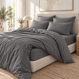 Parure de lit 260 x 240 cm 100% satin de bambou 120 fils SALOM&Eacute; Granit + drap-housse 160 x 200 cm