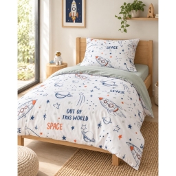 Parure de lit enfant 140 x 200 cm + 1 taie d&rsquo;oreiller 100% coton imprim&eacute; GALAXIE