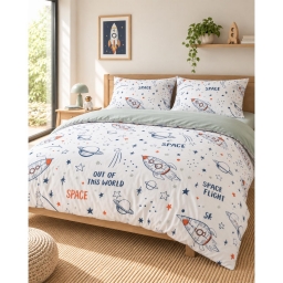 Parure de lit enfant 240 x 220 cm + 2 taies d&rsquo;oreiller 100% coton imprim&eacute; GALAXIE