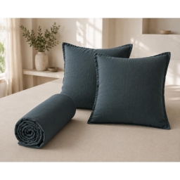 Parure Drap Housse 140 x 190 cm + 2 Taies 60x60 cm 100% Lin Fran&ccedil;ais - Ardoise