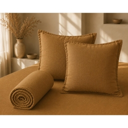 Parure Drap Housse 140 x 190 cm + 2 Taies 60x60 cm 100% Lin Fran&ccedil;ais - Caramel