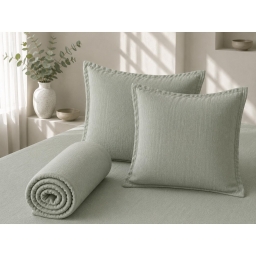 Parure Drap Housse 140 x 190 cm + 2 Taies 60x60 cm 100% Lin Fran&ccedil;ais - Eucalyptus