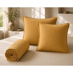 Parure Drap Housse 140 x 190 cm + 2 Taies 60x60 cm 100% Lin Fran&ccedil;ais - Miel