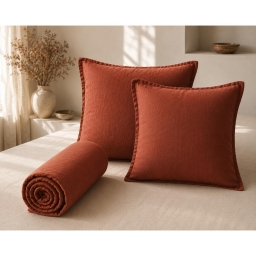 Parure Drap Housse 140 x 190 cm + 2 Taies 60x60 cm 100% Lin Fran&ccedil;ais - Paprika
