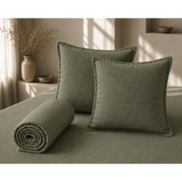 Parure Drap Housse 140 x 190 cm + 2 Taies 60x60 cm 100% Lin Fran&ccedil;ais - Thym