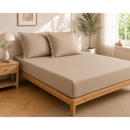 Parure Drap Housse H&ocirc;tel 140 x 190 cm + 2 Taies 63 x 63 cm Percale 78 Fils Beige