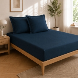 Parure Drap Housse H&ocirc;tel 140 x 190 cm + 2 Taies 63 x 63 cm Percale 78 Fils Bleu Nuit