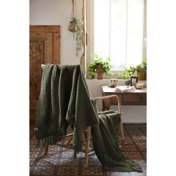 Plaid à franges 180 x 220 cm  bouteille recyclé Gabin Vert kaki